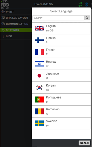 BrailleApp menu languages